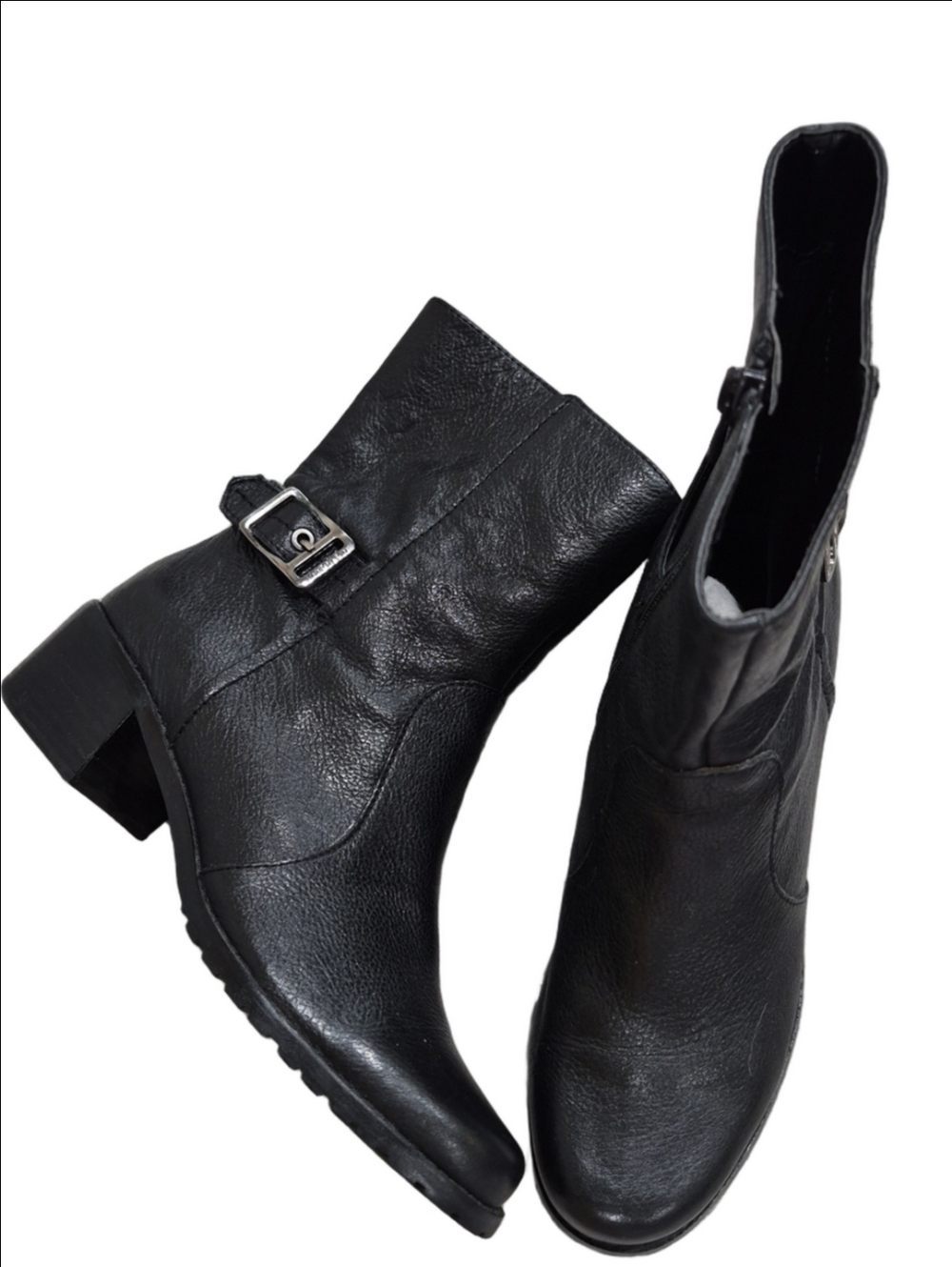 Anne Klein Black Leather Mid-Calf Block Heel Boots, Sz 7
